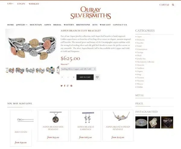 Ouray Silversmiths Product Page before the re-design