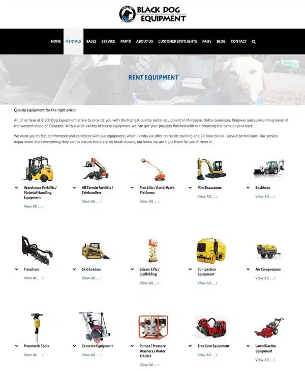 Black Dog Equipment's old rental page