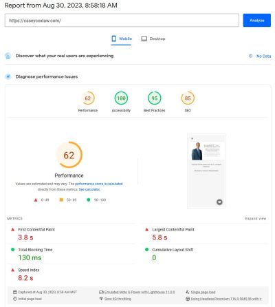 Casey Cox Law's Google PageSpeed score on GoDaddy Website Builder