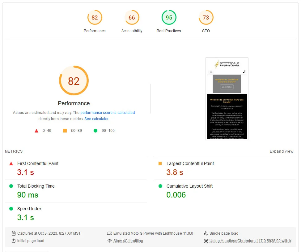 Scottsdale Party Bus Crawler's old PageSpeed Insights score