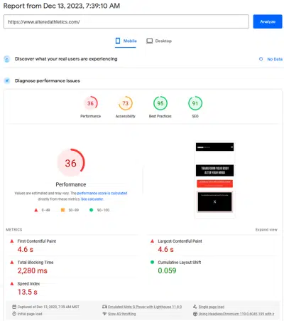 Screenshot showing Altered Athletics had a failing score on PageSpeed