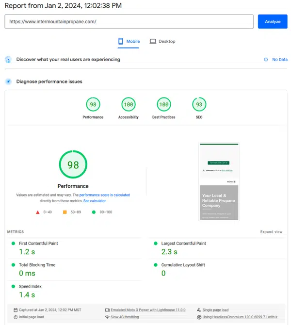 Passing PageSpeed score for Inter-Mountain Propane's new website launch