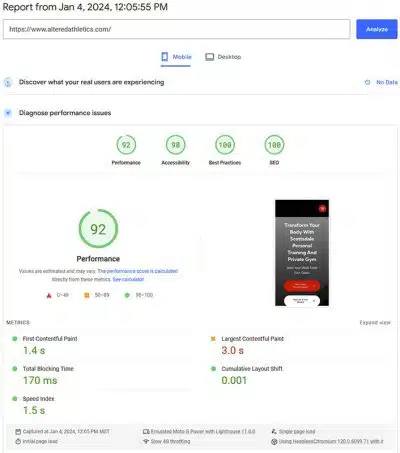 Passing PageSpeed score for Altered Athletics's new website launch