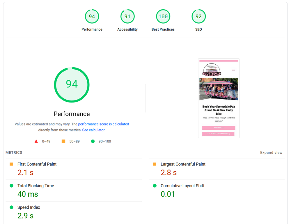 Scottsdale Pink Pedal Tour's Mend's new PageSpeed Insights score