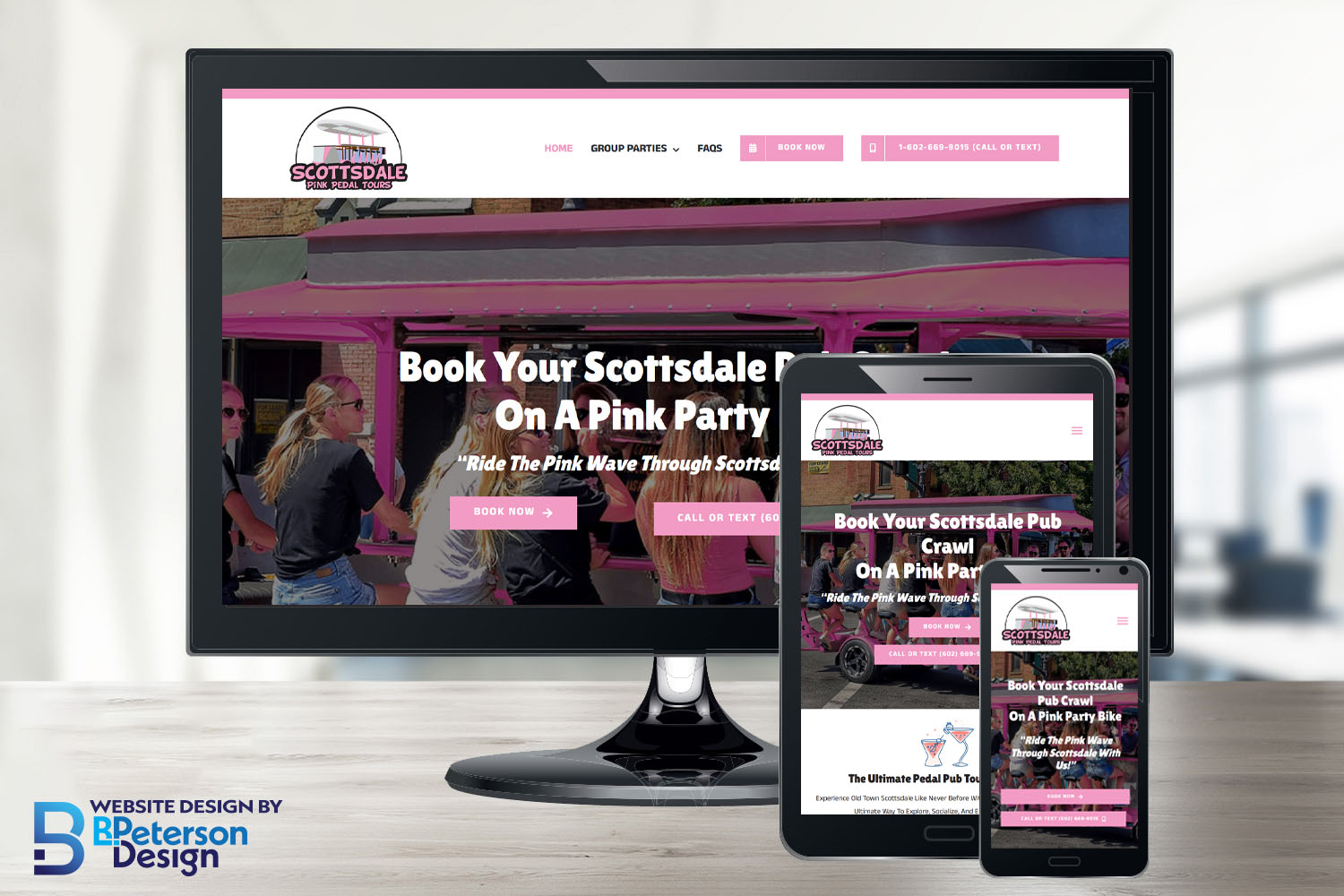 Scottsdale Pink Pedal Tours website shown responsively on different devices
