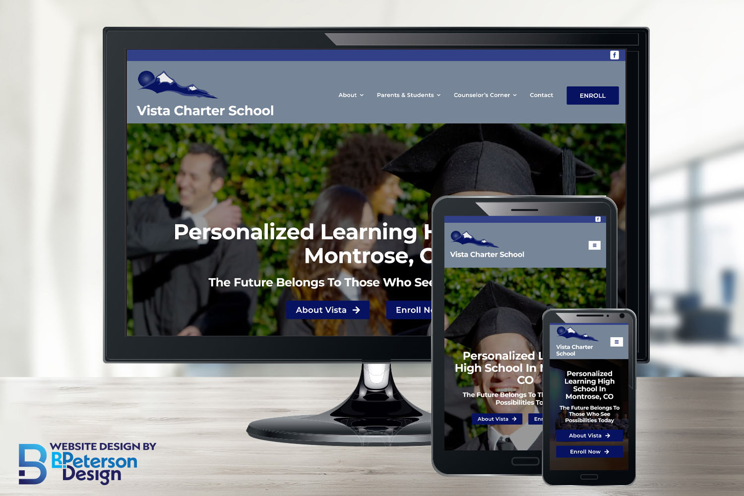 Vista Charter School's website displayed on computer, iPad, and mobile phone screens to show it's responsiveness